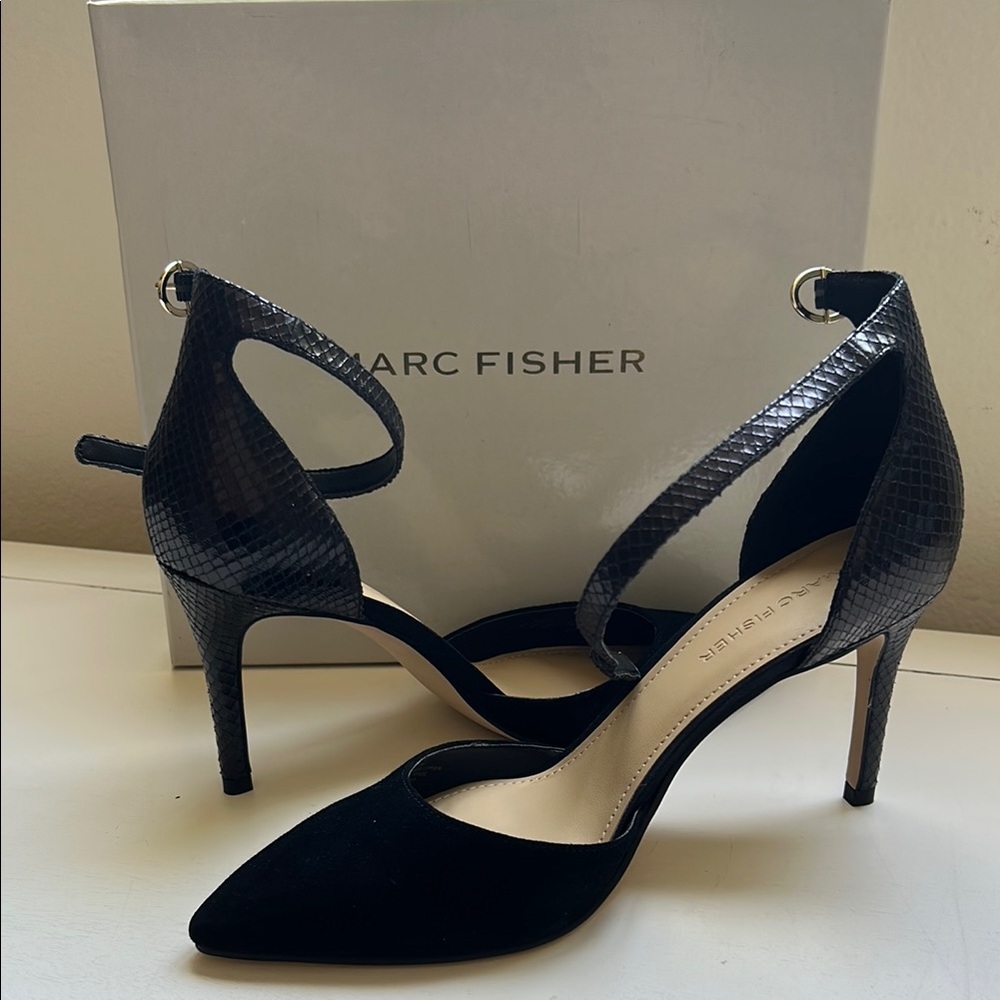 Marc Fisher Daiana Black Suede/Snakeskin Heels